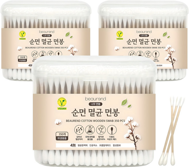 뷰렌드 비건 멸균 나무 면봉, 350개입, 3개