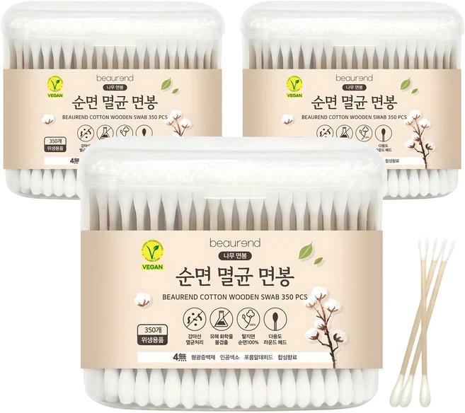 뷰렌드 비건 멸균 나무 면봉, 350개입, 3개 - 쿠팡
