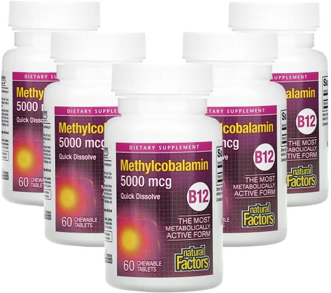 네츄럴팩터스 B12 메틸코발라민 5 000mcg 츄어블 60 정, 5개 - 쿠팡
