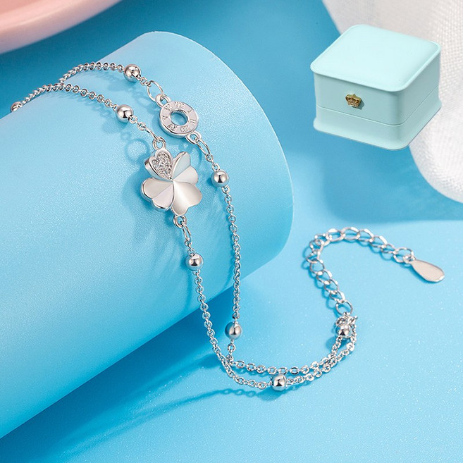 르떼르넬 JSWB101 Silver 행운 네잎 클로버 구슬 로마 숫자 원판 각인 더블 레이어드 여자 실버 로즈골드 팔찌 은팔찌