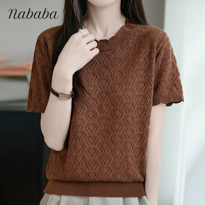 나바바 NK2971 여성 세련미 펀칭 라운드넥 반팔 니트티