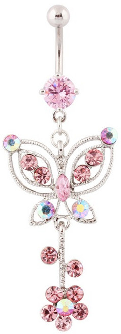 蝴蝶造型鋯石鑲嵌肚臍環, 1個, 粉色