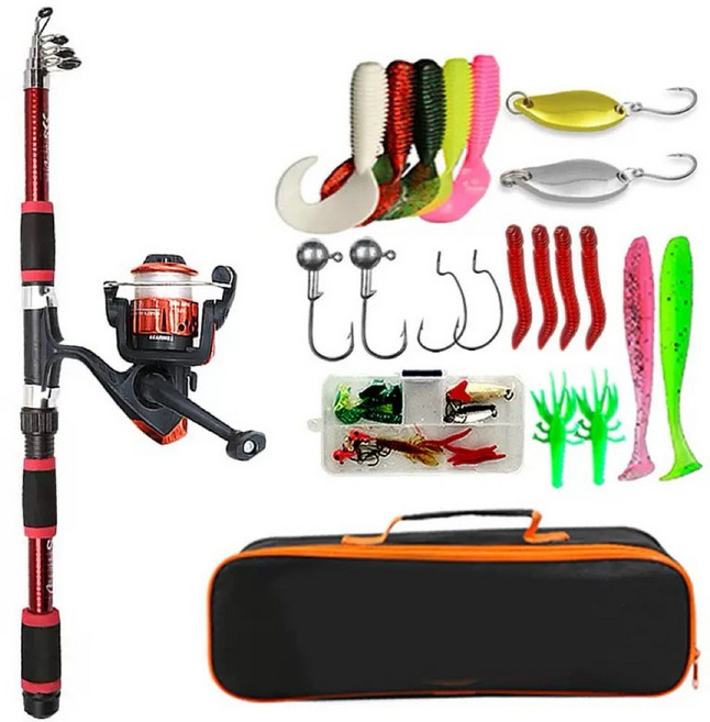 路亞竿 釣魚套組 偷跑竿 捲線器 新手套裝 露營 釣螃蟹, 1.8米釣竿路亞全套（紅色釣竿）, 紅色