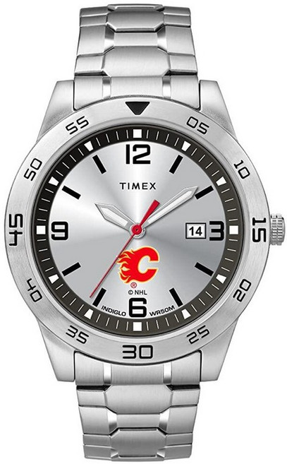 Timex Tribute 남성용 Citation 42mm 쿼츠 시계 스테인리스 스틸 스트랩 포함 뉴욕 아일랜더스 쿼츠 시계, 캘거리 불꽃