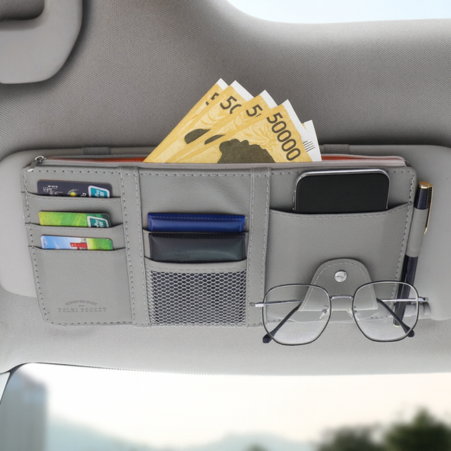 펀토피아 차량용 썬바이저 카드포켓 안경거치대 지폐수납, 그레이, 1개
