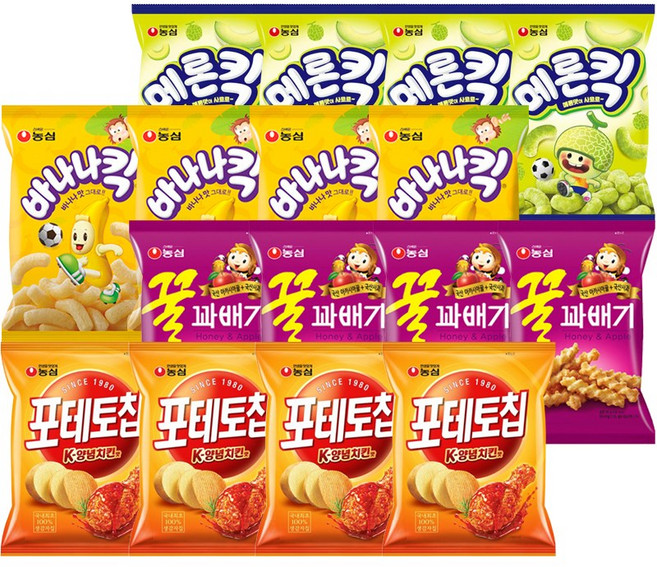 농심 포테토칩양념치킨맛4+꿀꽈배기4+바나나킥4+메론킥4, 16개, 50g