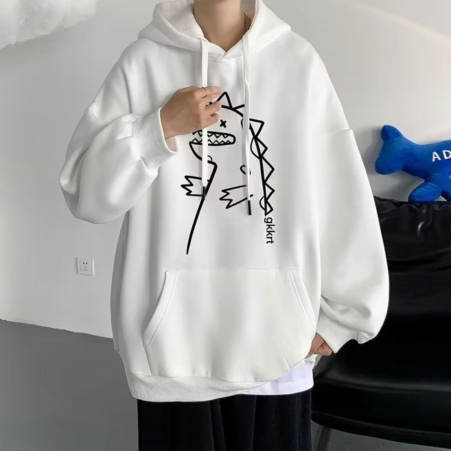 帽T男 小恐龍可愛印花 港風休閒 百搭寬鬆 大碼刷毛款 學院風情侶裝 韓版日系 痞帥