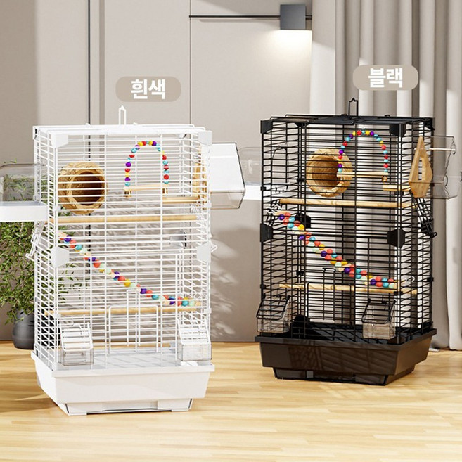 시스슈 앵무새 새장 투명 새장 2단 중형 풀세트 케이지 가정용, 블랙63*37*28cm, 1개