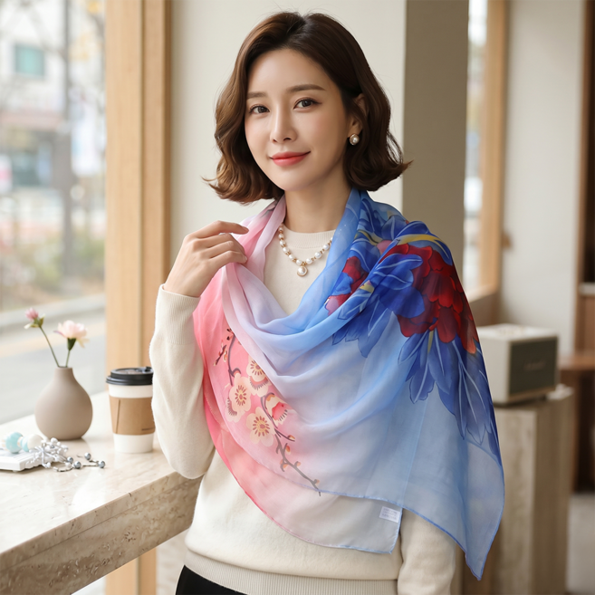 여성 쉬폰 스카프 플라워 봄 가을 얇은 롱 스카프 머플러