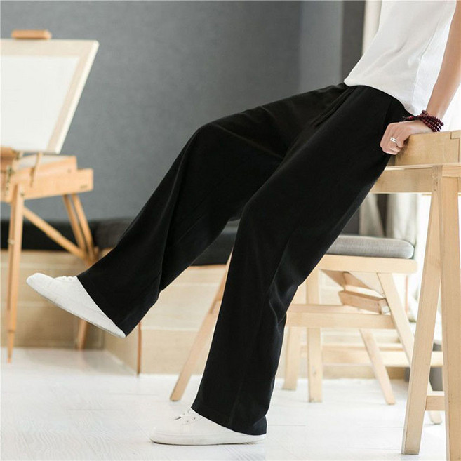 FANSYLI 남성 여름 얇은 린넨 바지 빅사이즈 심플 루즈핏 일자핏 통바지 심플 편한 밴딩 배기 팬츠 X2604A10