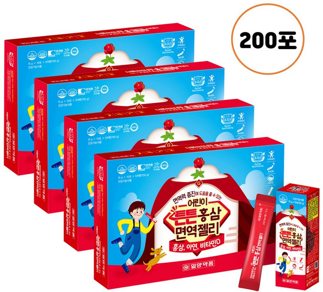 어린이 홍삼 키즈 유아 튼튼 홍삼 젤리 스틱 6년근 홍삼 아연 비타민d 신학기 어린이 면역증진, 4개