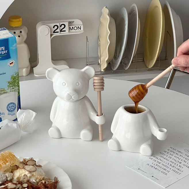 이이공브이샵 오브제 곰돌이 세라믹 꿀통 꿀스푼 세트 허니디퍼, 1개