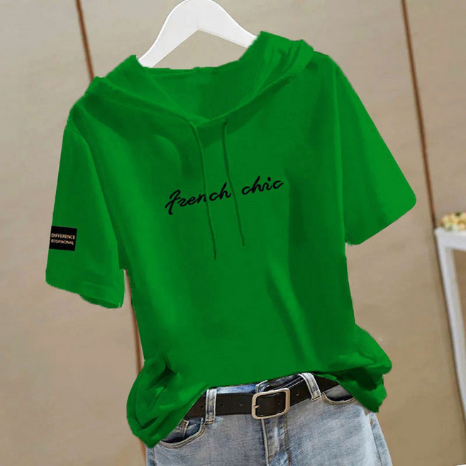 자칠 여성 여름 반팔 후드 티셔츠 루즈핏 캐주얼 스타일 패션 스타일리시