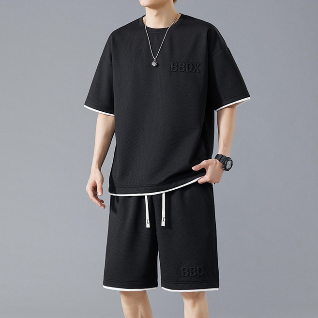 ANYOU 남성 여름 트레이닝 세트 빅사이즈 반팔티+반바지 캐주얼 반팔투피스 라운드 운동복세트