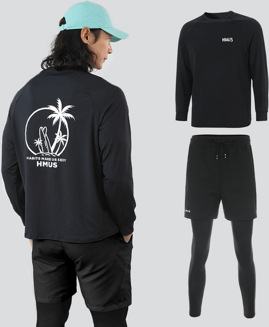 남자 루즈핏 긴팔 래쉬가드 상의 + 반바지 레깅스 하의 팬츠 세트 비치웨어 체형커버 자외선차단 휴양지 바캉스룩(11+159)