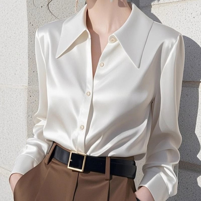 패션 여성 새틴 긴팔 셔츠 프렌치 우아한 칼라 긴팔 셔츠 여자 기질 새틴 블라우스 LT