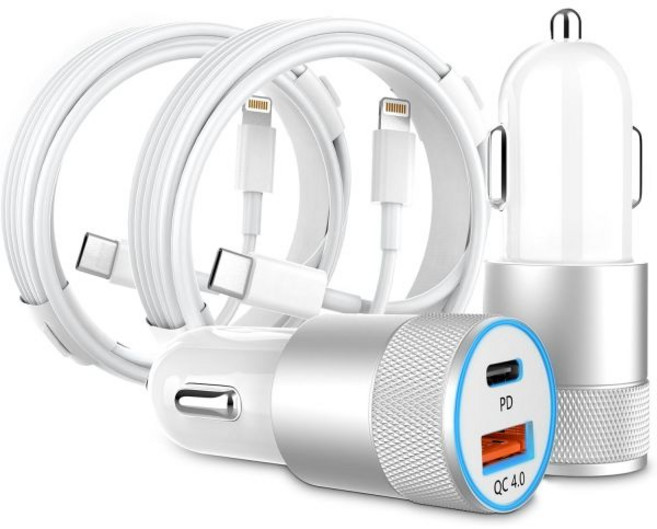 자동차 충전기 Apple MFi 인증 2팩 48W 듀얼 포트 USB C 2x3ft 라이트닝 케이블 포함 모든 금속 아이폰 고속 어댑터 PD QC 4.0 C타입 아이패드 에어팟용