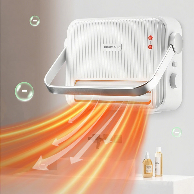 [2025년형] RichMagic 무타공 탁상용 벽걸이 온풍기 2단계 조절+음이온 모드+냉풍 모드 PTC 화장실 사무실 욕실 객실 침실 가정용 히터 IPX2 2000W 저전력 소비, 화이트, HD296
