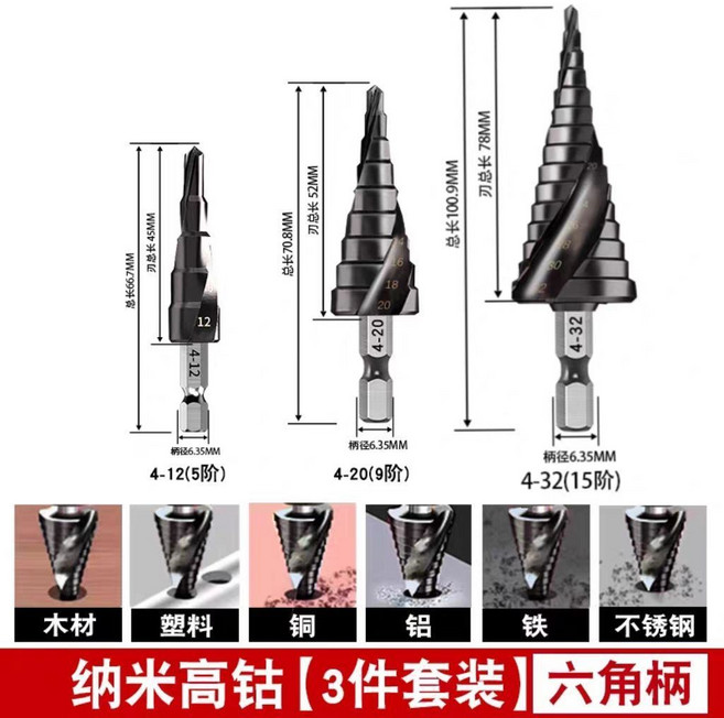 M42高鈷寶塔鑽頭 不銹鋼金屬擴孔階梯鑽, 1個, 新款M42氮化鋁【螺旋實惠三件套】