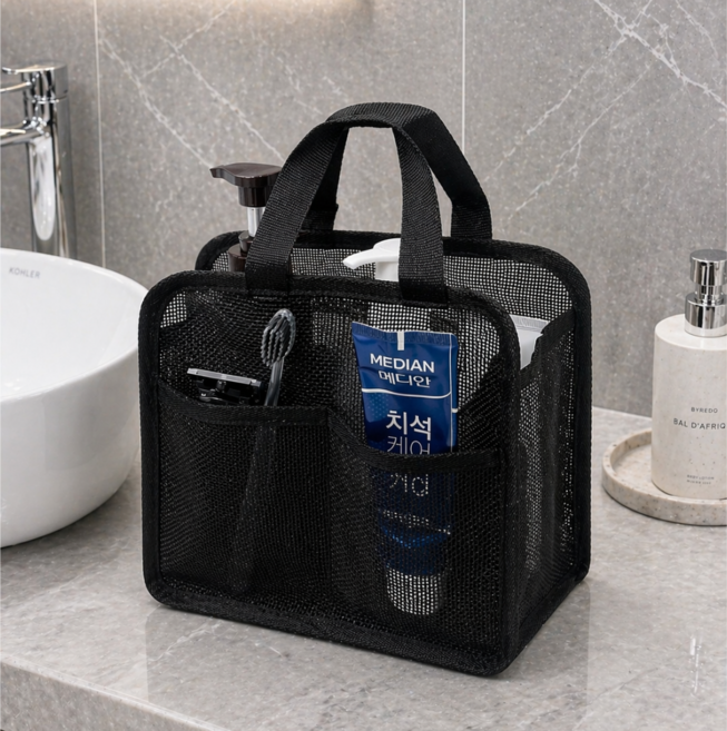 심플딤플 메쉬 목욕 파우치 물빠지는 샤워 수영장 가방, 메쉬 블랙