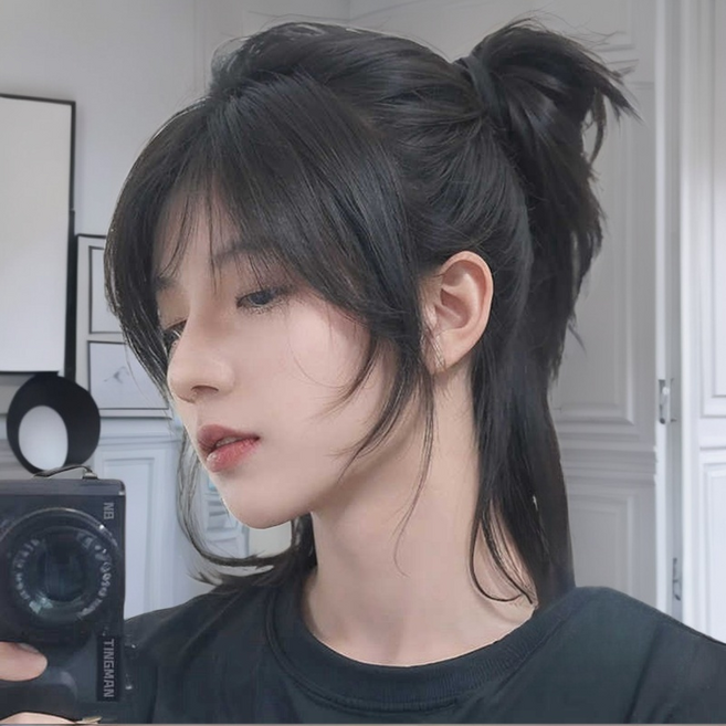 크르디니스 남자 장발 가발 긴머리 뒷머리 레이어드 군인 휴가용 코스프레, 1개, 내츄럴블랙