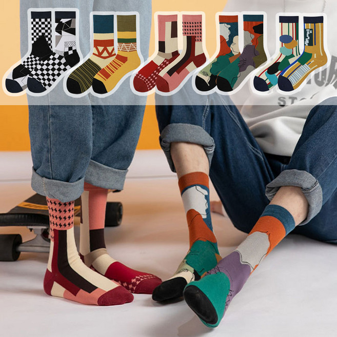 언발란스 짝짝이 남성 여성 스니커즈 양말 패션 컬러 포인트 코디 삭스 기하학 도형 디자인 시리즈 언밸렌스 남녀공용
