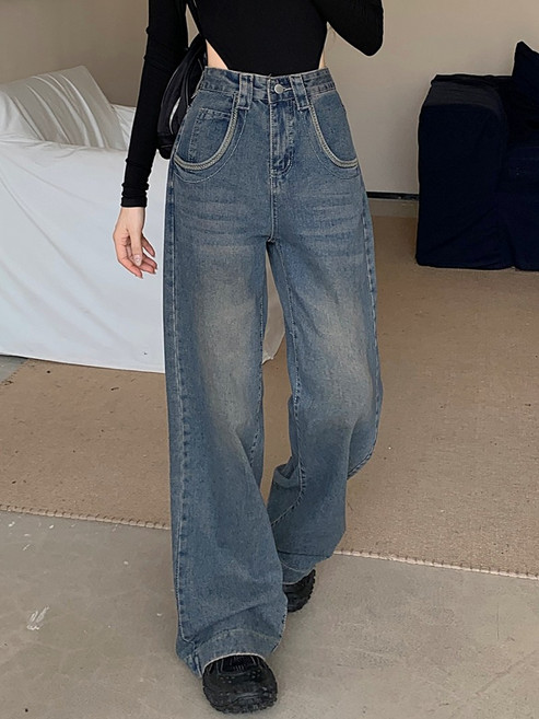 빈티지 구제 와이드 데님 슬리퍼 팬츠