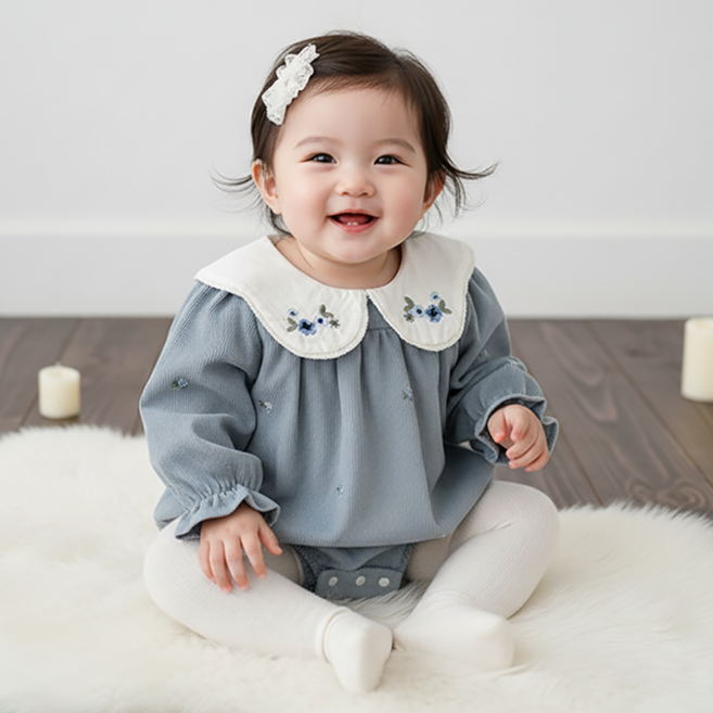 몽실이 플라워 자수 플리츠 바디수트 여아 봄 가을 외출복 나들이복