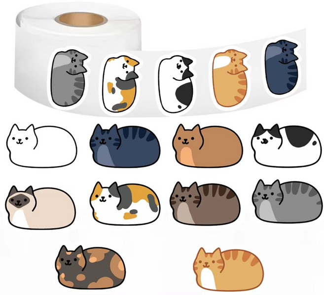 에버샵 다꾸용 동물 고양이 강아지 롤 스티커 대용량 방수 귀여운 다이어리 꾸미기 일러스트 문구 소품, 500개, 고양이 스티커 C