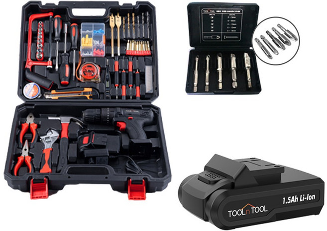 툴앤툴 21V 충전식 무선 전동드릴 배터리2개 패키지 콘크리트 타공 수공구80P세트 TNT-HEX21LIS + 볼트리무버 5P, 1개