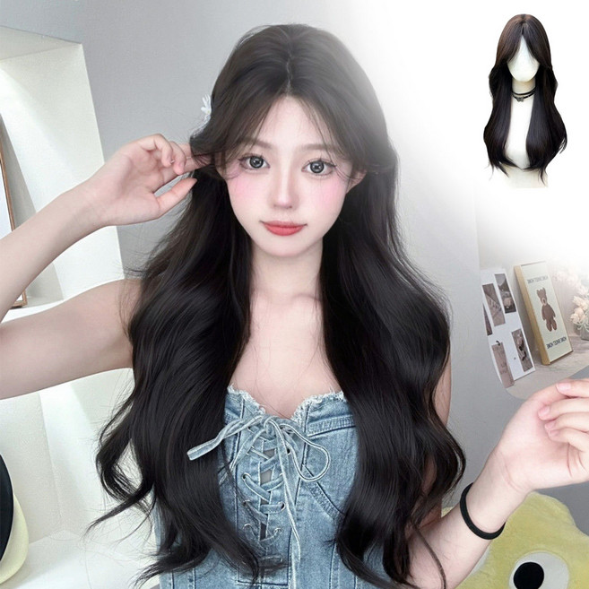 자연스러운 긴머리 통가발 웨이브 다크브라운 65cm 여성 스타일변신, 1개, 블랙