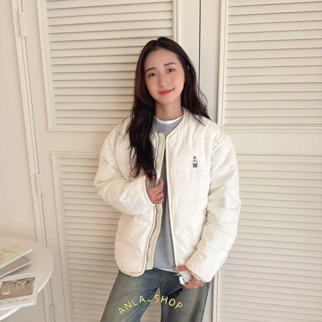 WHO.A.U 韓國刺繡小熊外套 鋪棉 秋冬 圓領 男女同款 韓國代購