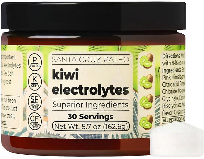 Santa Cruz Paleo 전해질 파우더 키위 맛 무설탕 하이드레이션 드링크 믹스 히말라야 핑크 소금 바다 소금 마그네슘 글리시네이트 염화칼륨 스테비아 단맛, Santa Cruz Paleo 전해질 파우더, 키위 맛, 162.6g, 1개