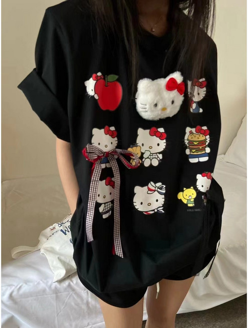귀여운 여성 헬로키티 리본 인형 순면 반팔 티셔츠 상의 + 란미 머리핀