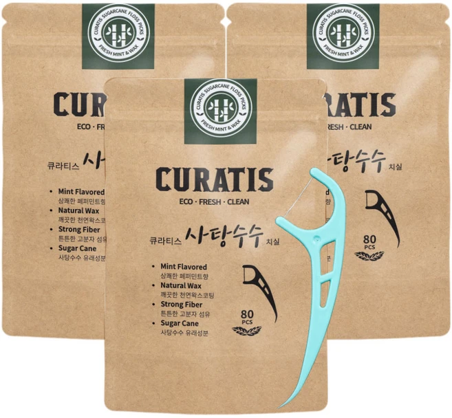 큐라티스 사탕수수 일회용치실 (민트) -240p, 80개입, 3개 - 쿠팡