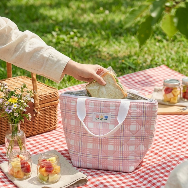 플로랄린 보온보냉백 도시락 소풍 가방 런치박스, 핑크