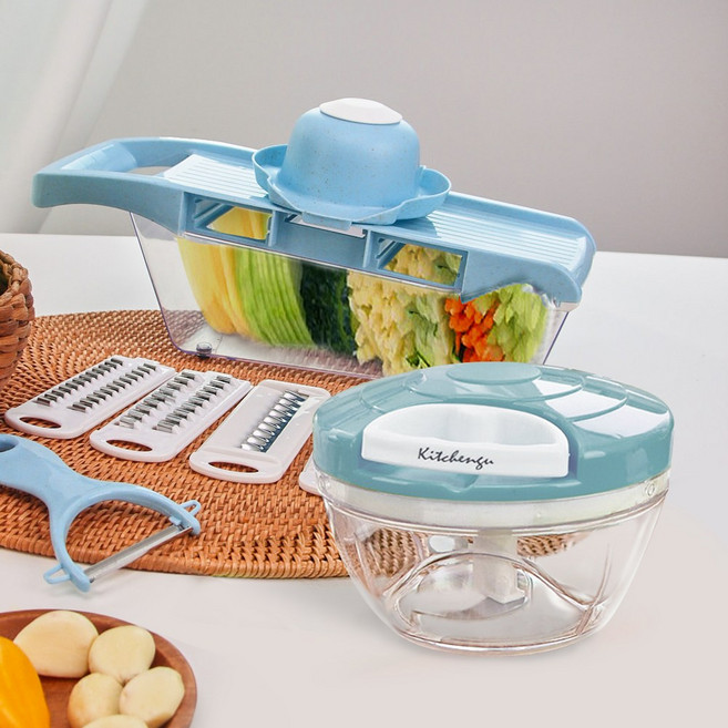 키친구 소형 마늘 수동 이유식 야채 다지기 민트 소 + 블루 만능 슬라이서 다기능채칼 세트, 단품, 1개