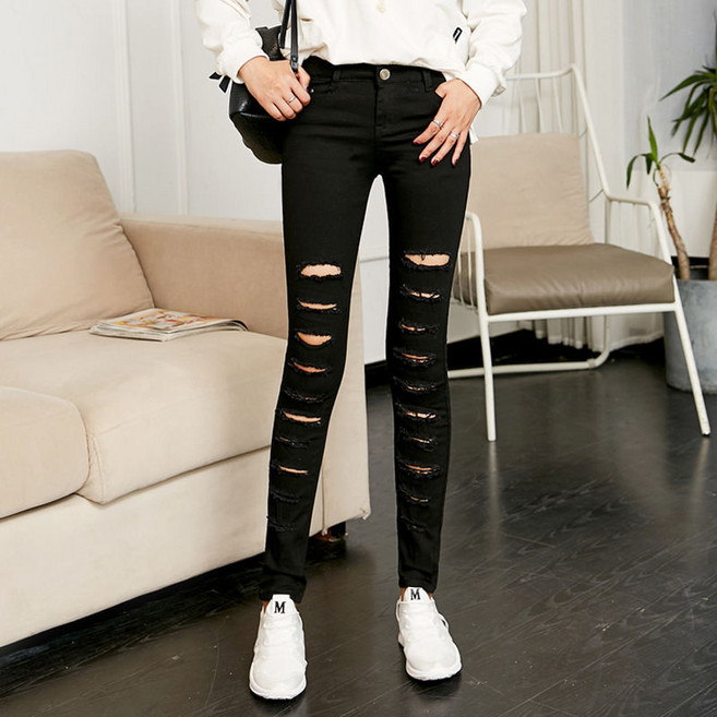 여성용 워싱 청바지 대미지 스판 스키니 데님 팬츠 Women's jeans