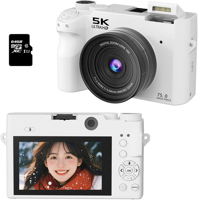 RUNHome WIFI 5K 고급 디지털 카메라 앞뒤 7500W 캠코더 선물 여행용 인생+64GB 메모리, 화이트