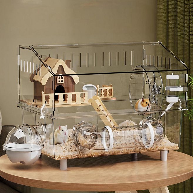 BIKASU 투명 대형 햄스터 케이지 아크릴 햄스터 집 햄스터 바퀴 및 터널 햄스터용품, 1세트, 화이트