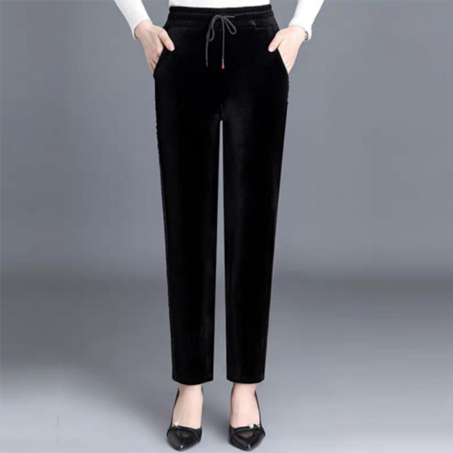 Makone 여성 허리밴딩 스트링 벨벳 바지 하이웨스트 캐주얼 롱 팬츠 무지