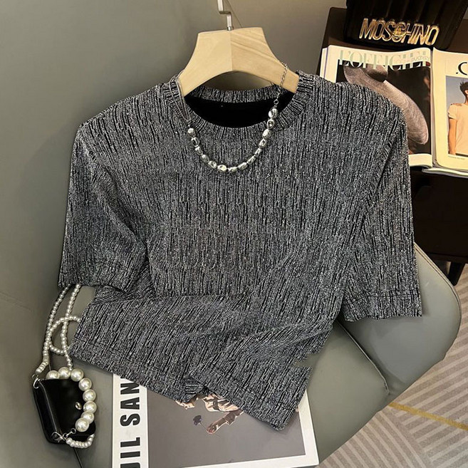 여름 밝은 실크 반팔 티셔츠 큰 사이즈 라운드 스판 티셔츠 여성 일상 통근 상의 250306PL35