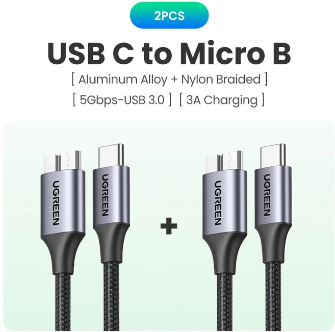 Ugreen-USB C to Micro B 3.0 케이블 5Gbps 3A 맥북 하드 드라이브 디스크 용 고속 데이터 동기화 코드 HDD, 04 Metal USB C -2PCS, 02 1m, 01 빠른