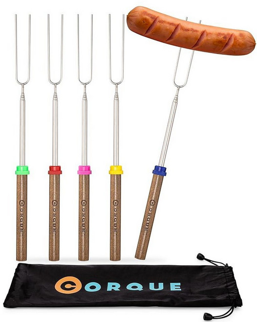 CORQUE 마시멜로 로스팅 스틱 스모어 스틱 확장 가능 화덕용 캠핑 꼬치 나무 손잡이 BBQ 핫도그 요리 캠프파이어 모닥불용 81.3cm(32인치) 금속 8개, Dark-Brown-5PK, 1개