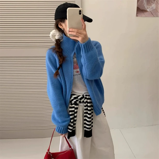 FINE ART 웜소프트 하이넥 니트 아우터 긴팔 집업 가디건 간절기