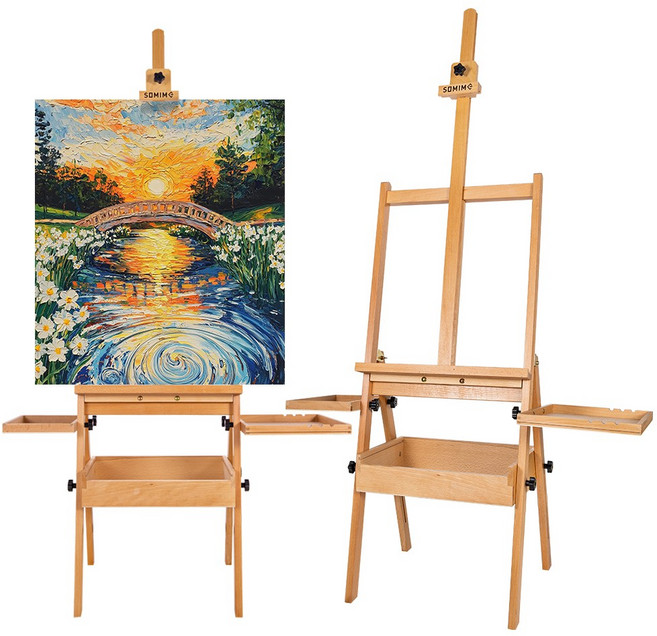 SOMIME 프리미엄 접이식 고급 원목 대형 이젤 테이블이젤 미술용 화판 수납 업그레이드 멀티탑 화이트보드 이젤 접이식 사이드 트레이
