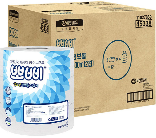 뽀삐 4533866 점보롤 엠보싱 화장지 프리미엄 2겹, 200m, 12롤, 1박스