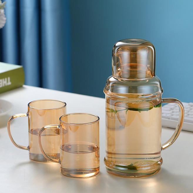 日式玻璃冷水壺套組，1100ML 容量，可直火加熱, 琥珀色1100ML一壺 2杯, 1套, 1100L