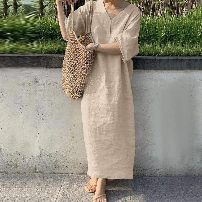 女裝夏季V領短袖寬鬆長款連衣裙, 杏色,XL, 杏色