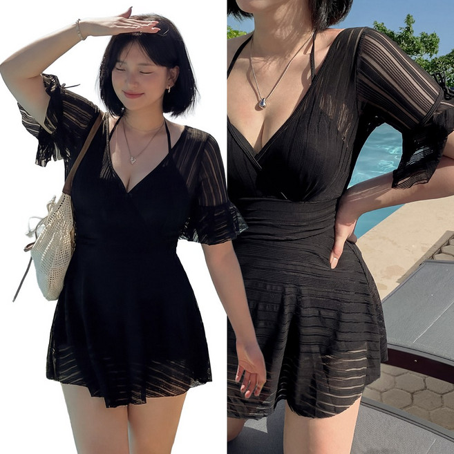 비키비키 베스타 원피스 수영복 빅사이즈 체형커버 반팔 시스루 비치웨어, ONE COLOR